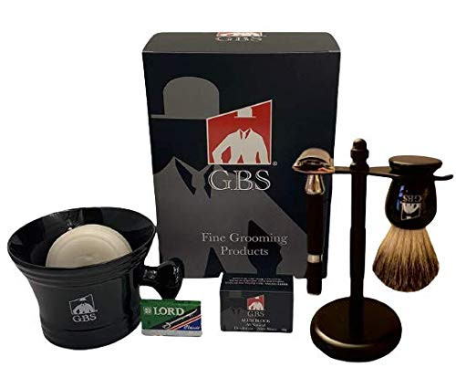 GBS Mens Premium 5 Piece Set Double Edge Shaving Razor with Black Rubber Coated Handle Shaving Mug Synthetic Brush Dual