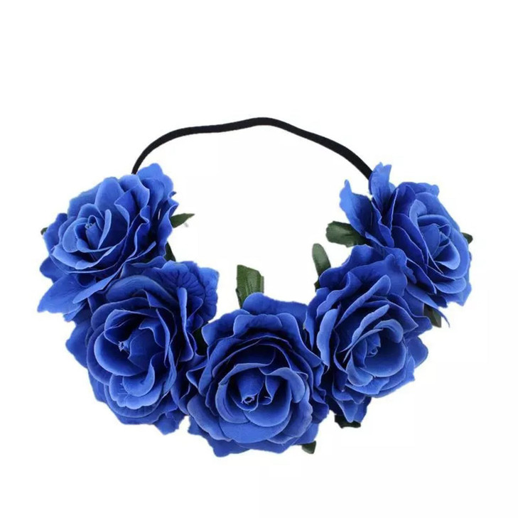 June Bloomy Rose Floral Crown Garland Flower Headband Headpiece for Wedding Festival Blue