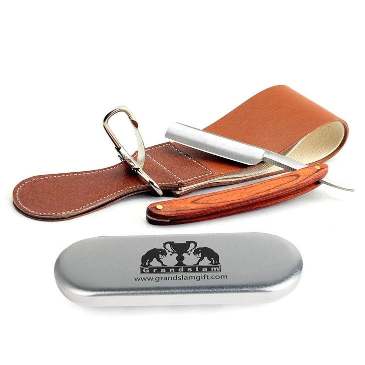 Grandslam Pro Natural Wooden Handle 420 Stainless Steel Straight Razor with Premium Leather StropStraight Razor Shaving