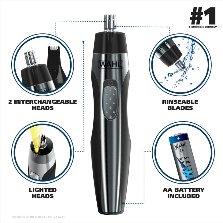 Wahl Lighted Battery Nose Hair Trimmer for Men Women Painless Easy to See Nose Ear and Eyebrow Trimming with Built in Li