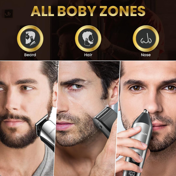 PRITECH Beard Trimmer for Men 3 in 1 Hair Clippers for Men Kit NoseEarMicro Electric Shaver Mens Grooming Set Cordless w