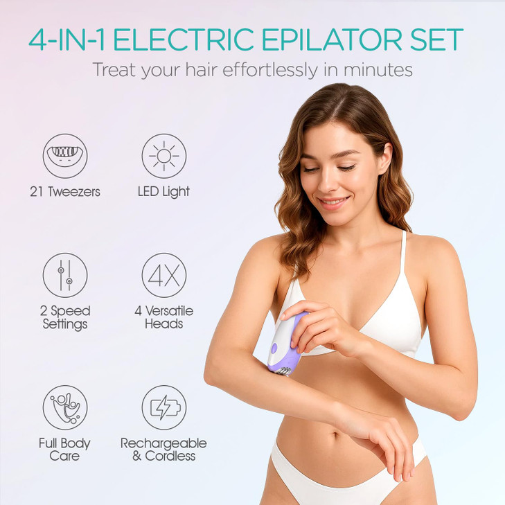 VOGOE Epilator for WomenCordless Epilators Hair Removal for Women 4in1 Electric Razor Hair Remover 2 Speeds 21 Tweezers
