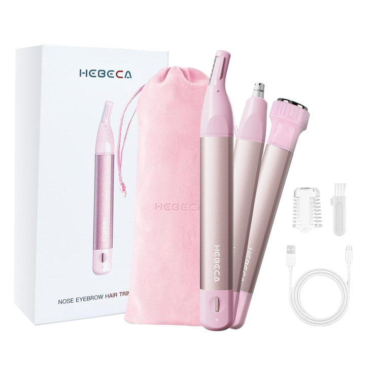 HEBECA Nose Hair Trimmer for Women 3in1 Facial Hair Removal Trimmer Metal Body Rechargeable Waterproof Portable Nose Ear