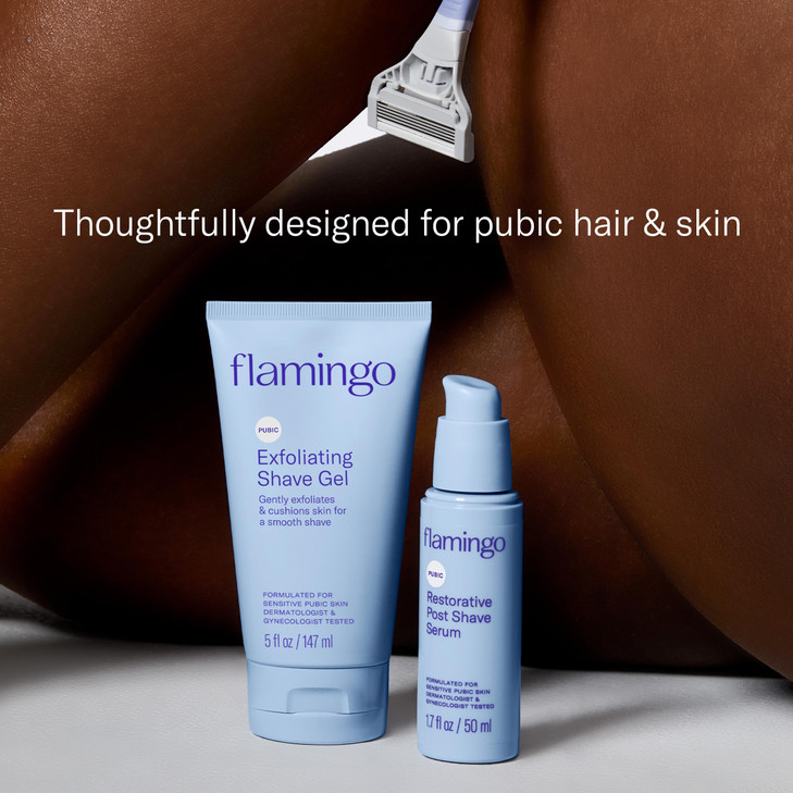 Flamingo Pubic Hair Razor for Women Shaving Kit 1 Razor Exfoliating Shaving Gel 5 fl oz Restorative Post Shave Serum 17