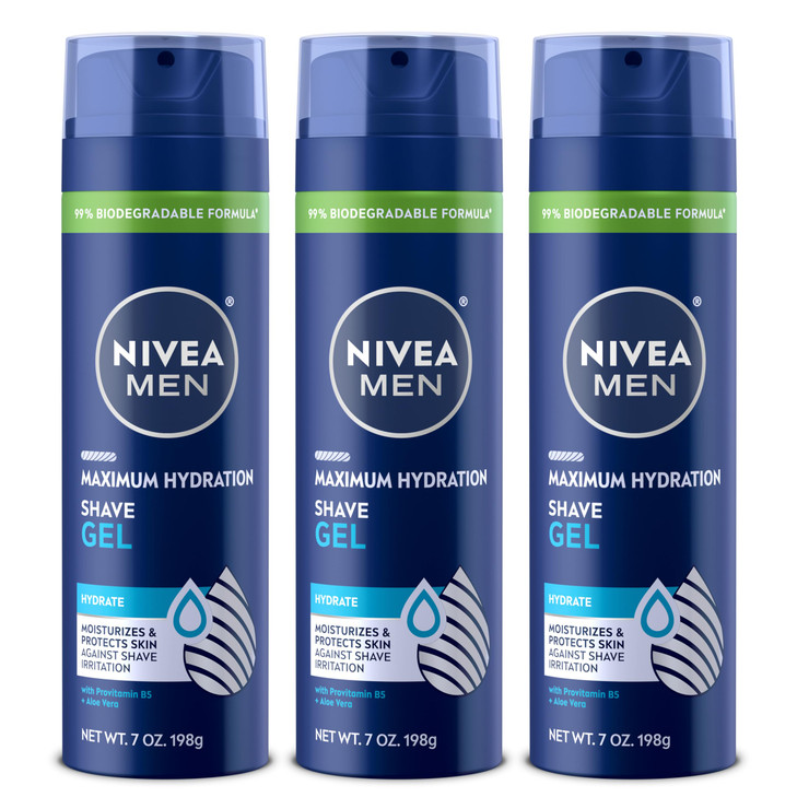 NIVEA MEN Maximum Hydration Shave Gel with Aloe Vera and Provitamin B5 Shaving Gel for Men 7 Oz Can Pack of 3