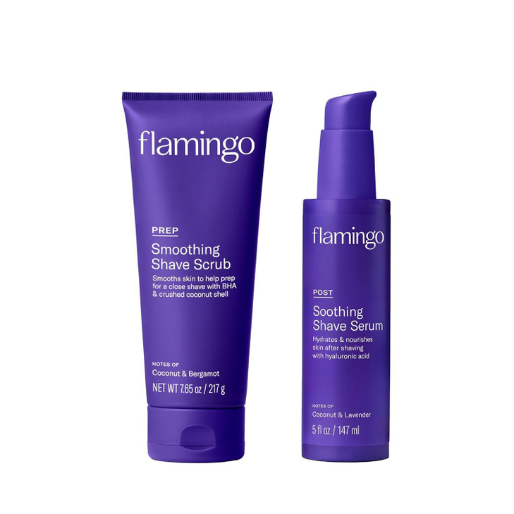 Flamingo Shaving Prep and Post Care Set for Women Smoothing Shave Prep Scrub and Soothing Post Shaving Serum Glow Shave