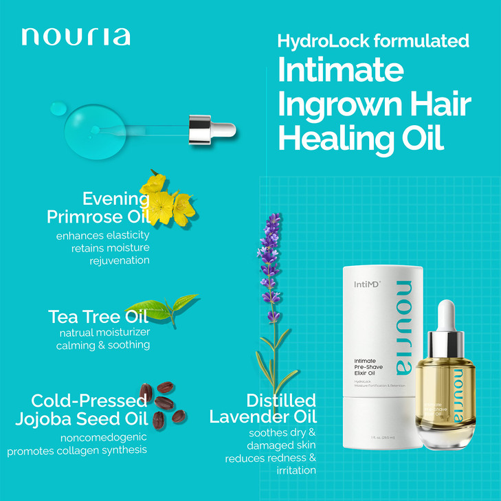 IntiMD Nouria Intimate PreShave Elixir Oil HydroLock moisturizer conditioner nourishing formula helps with Ingrown Hair