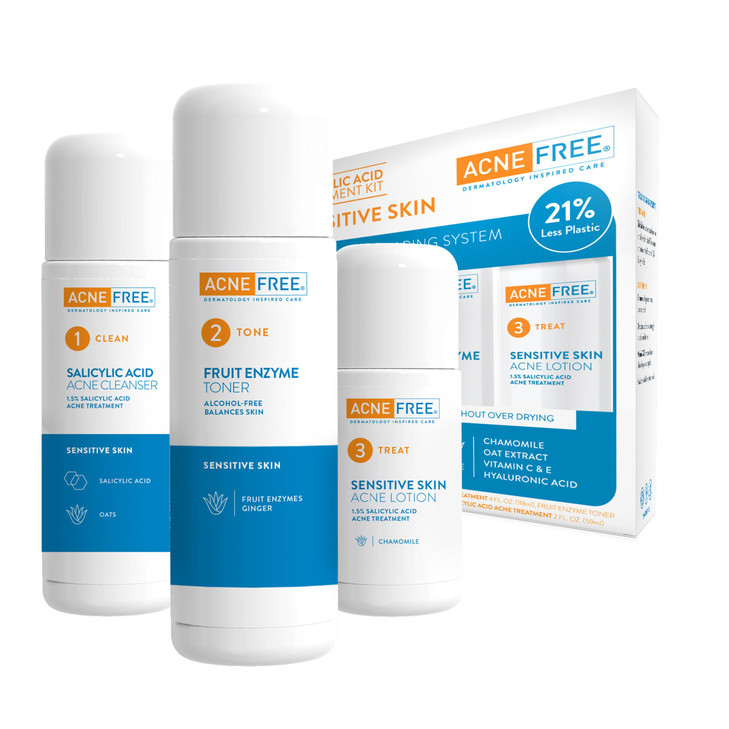 AcneFree 24Hr Acne Clearing System for Sensitive Skin 3Step Kit with 15 Salicylic Acid Gentle AlcoholFree Cleanser Toner