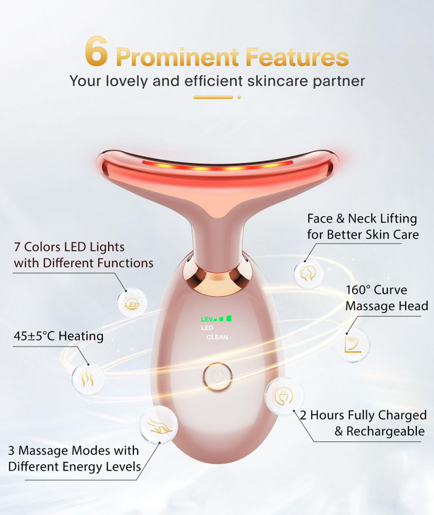 MCSYPOAL 7in1 Deplux Face Neck Massager for Daily Skin Care Routine Portable Facial Massager Skin Care Tool Rose Gold