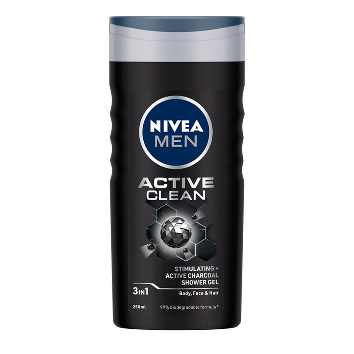 NIVEA MEN Hair Face Body Wash Active Clean Shower Gel 250ml