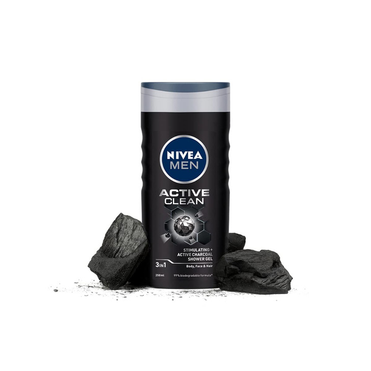 NIVEA MEN Hair Face Body Wash Active Clean Shower Gel 250ml