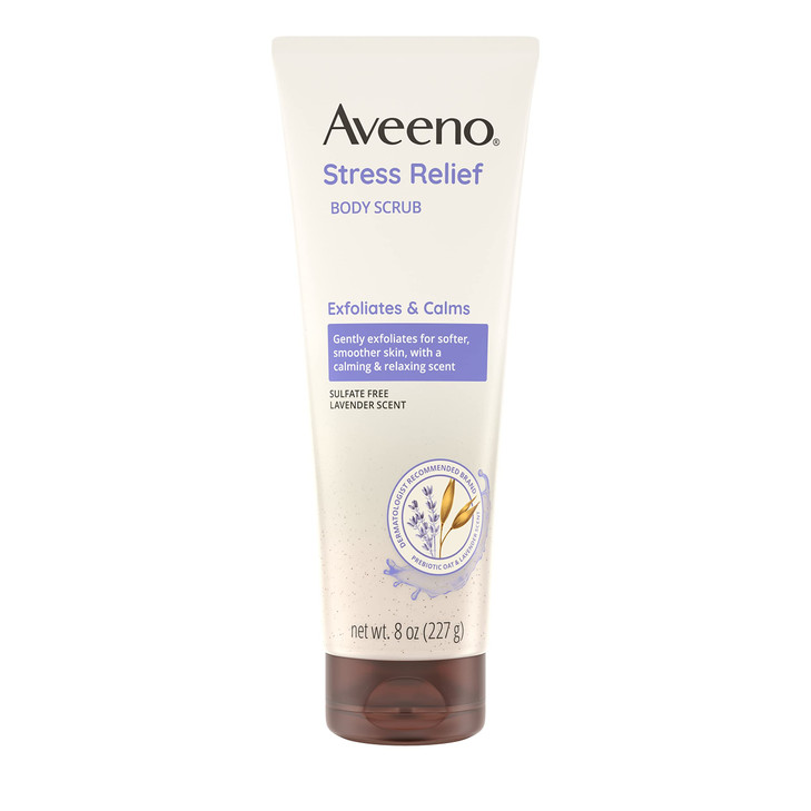 Aveeno Stress Relief Body Scrub Exfoliating Body Wash for Softer Smoother Skin Formulated with Prebiotic Oat Lavender Sc