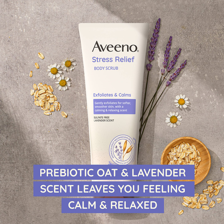 Aveeno Stress Relief Body Scrub Exfoliating Body Wash for Softer Smoother Skin Formulated with Prebiotic Oat Lavender Sc