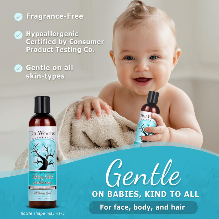 Dr Woods Unscented Baby Mild Liquid Castile Soap Gentle Cleanser with Organic Shea Butter Natural Soap for Sensitive Ski