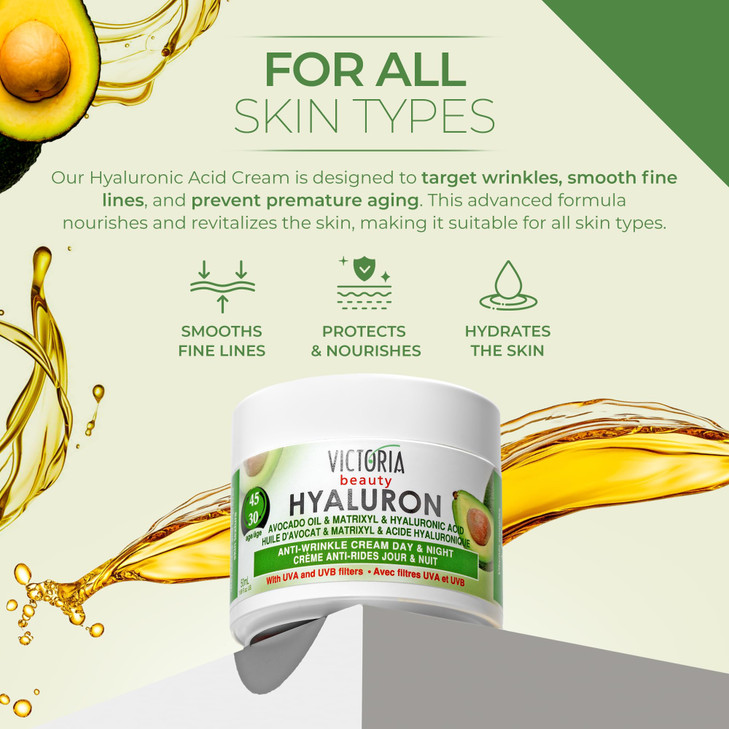 Hyaluron AntiWrinkle Cream with Avocado Oil for Mature Skin Age 30 Intensive Natural Cream for Day Night With UV Filters