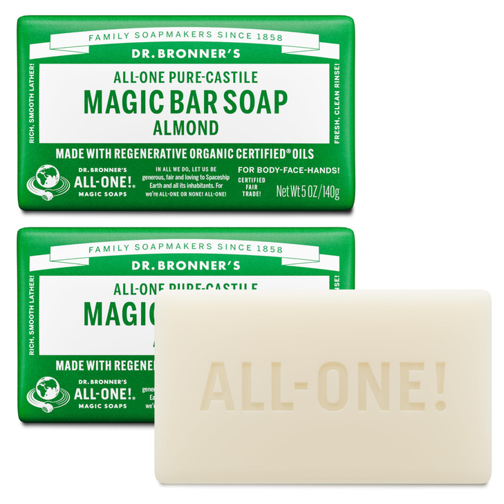 Dr Bronners PureCastile Magic Bar Soap Made with Regenerative Organic Certified Oils For Face Body Hair Gentle Cleanse V