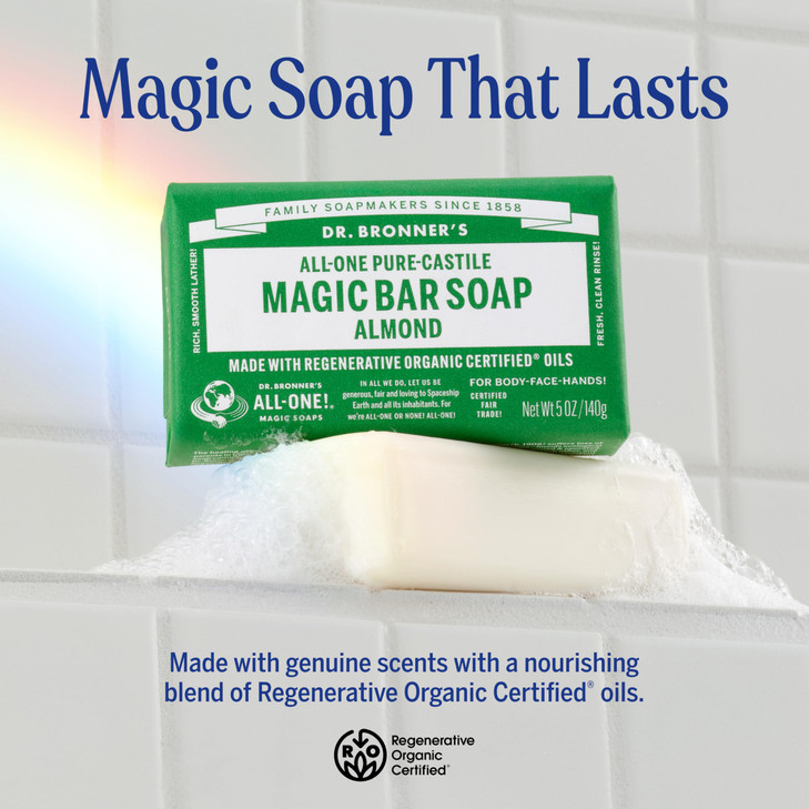 Dr Bronners PureCastile Magic Bar Soap Made with Regenerative Organic Certified Oils For Face Body Hair Gentle Cleanse V