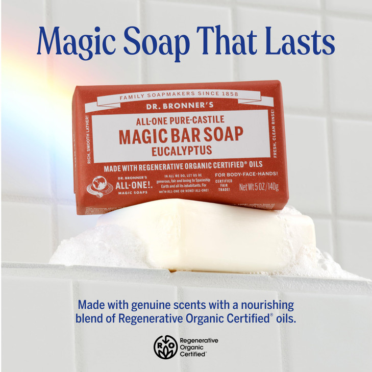 Dr Bronners PureCastile Magic Bar Soaps Made with Regenerative Organic Certified Oils For Face Body Hair Vegan Soap Bars