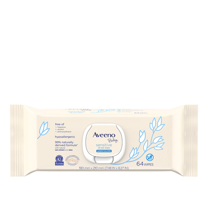 AVEENO Baby Sensitive All Over Wipes Paraben FragranceFree 64 ea