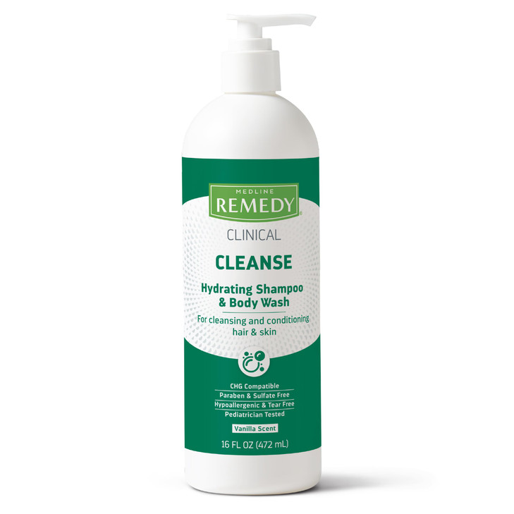 Medline Remedy Clinical Hydrating Shampoo Body Wash 16 fl oz Vanilla Scent Cleanser NoRinse Adults Kids Shower Or Bedsid