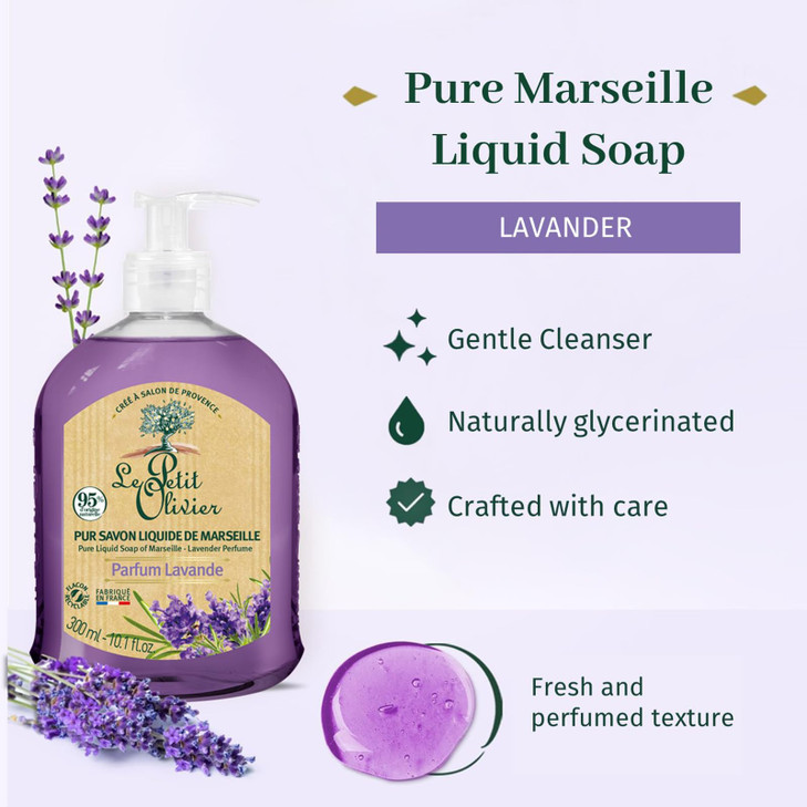 Le Petit Olivier Pure Marseille Liquid Soap Lavender Perfume Gently Cleanses Skin Delicately Perfumed Vegetable Origin B