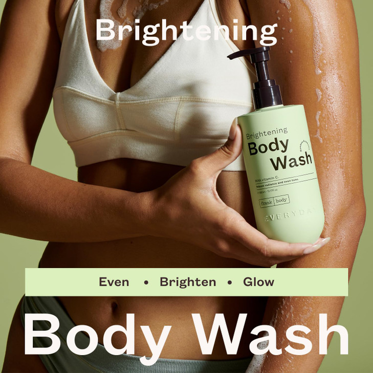 frank body Brightening Body Wash Evens Tone Brightens Vitamin C Kakadu Plum Pomegranate Bamboo Camellia Scent Vegan Crue