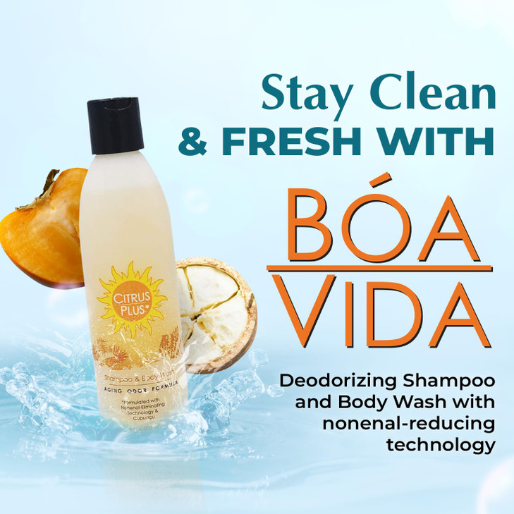 Deodorizing Citrus Plus Elder Shampoo and Body Wash by BoaVida with new leakproof caps Soap Made with Persimmon to Treat