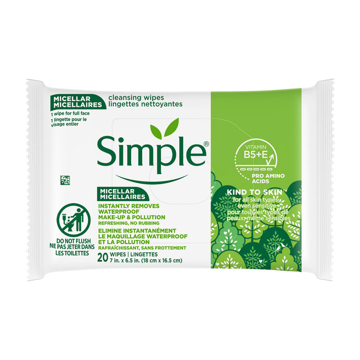 Simple Kind To Skin Micellar Makeup Remover Wipes Face Wipes Instantly Remove Waterproof Makeup Enriched with Vitamin B5