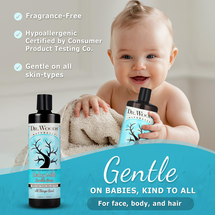 Dr Woods Unscented Baby Mild Liquid Castile Soap Gentle Cleanser with Organic Shea Butter Natural Soap for Sensitive Ski