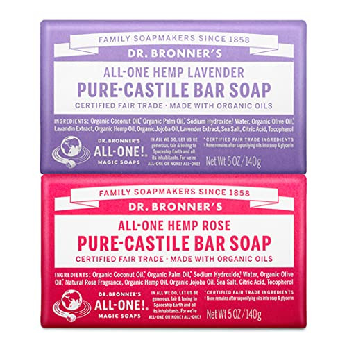 Dr Bronners PureCastile Bar Soap 2Pack Bundle Rose Lavender Made with Organic Oils For Face Body and Hair Gentle and Moi