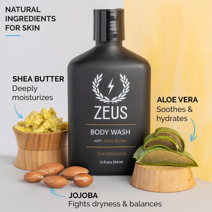 ZEUS Mens Natural Body Wash Hydrating Shower Gel with Sandalwood Oil Aloe Vera Shea Butter Invigorating Essential Oils f