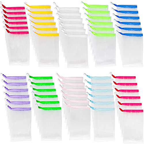 Trounistro 60 Pack Exfoliating Mesh Soap Bag Double Layer Thicken Soap Bag Mesh Soaps Saver Bags with Drawstring for Bat
