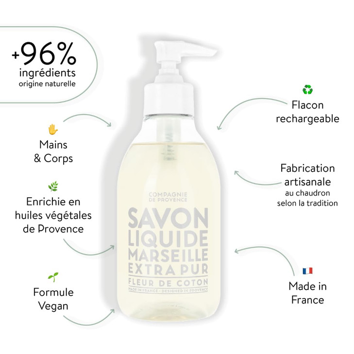 Compagnie de Provence Savon de Marseille Extra Pure Liquid Soap Cotton Flower 10 Fl Oz Plastic Pump Bottle