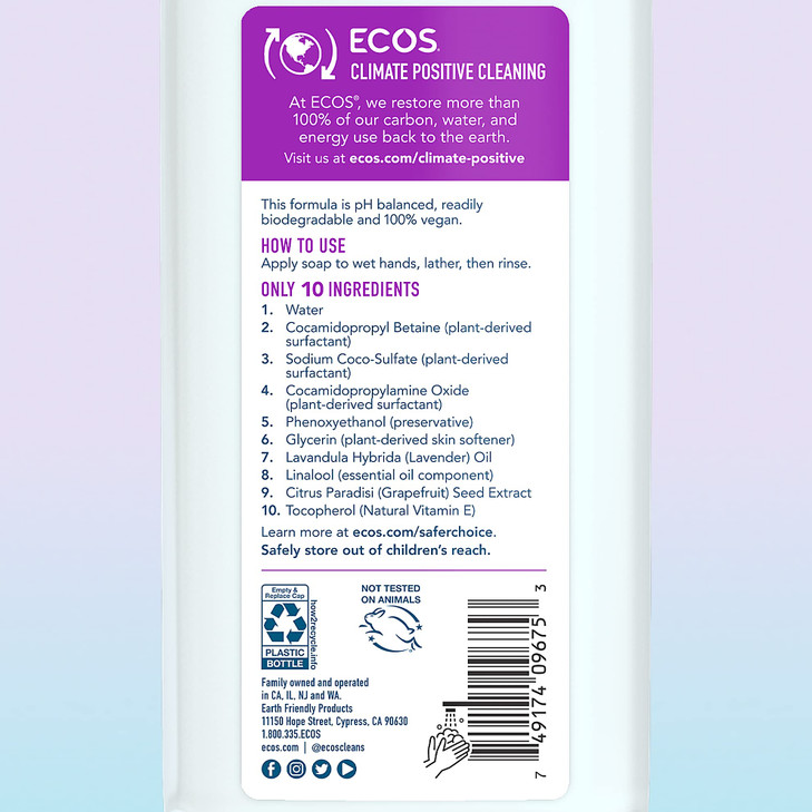 ECOS Hypoallergenic Hand Soap Lemongrass 32oz Bottle by Earth Friendly Products Lavender 32 Fl Oz 67670