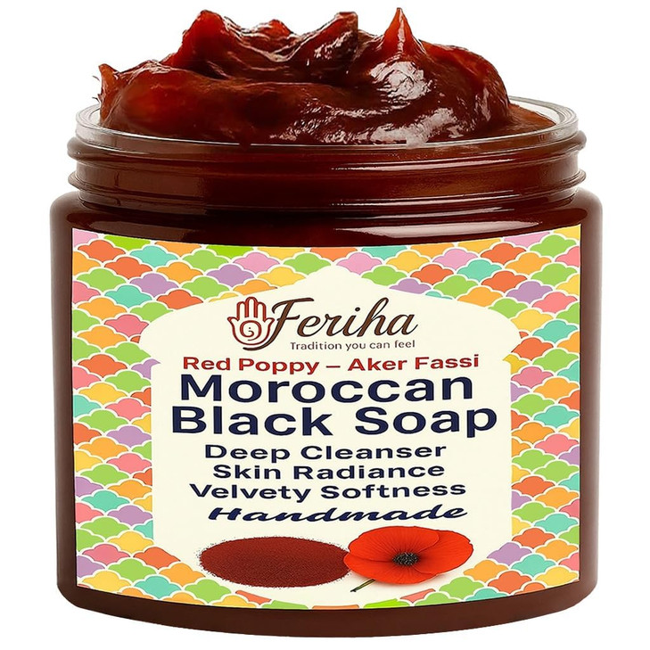 FERIHA Moroccan Black Soap with Aker Fassi Red Poppy Petals Pomegranate Shell 100 Natural Artisan Beldi Hammam Soap for
