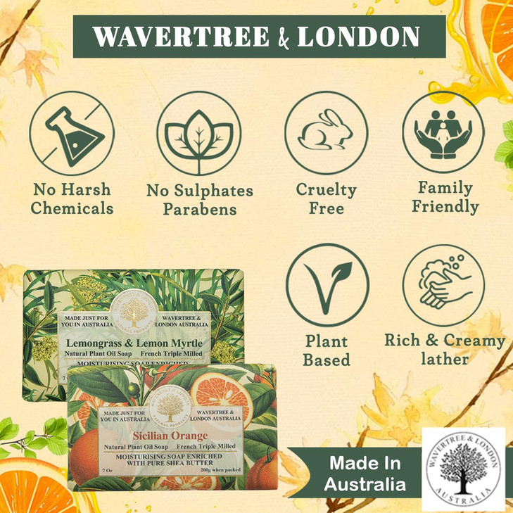 Wavertree London Duo Gift Box 2 Bars 7oz Sicilian Orange Lemongrass Lemon Myrtle Scented Triple Milled Natural Soap Bars