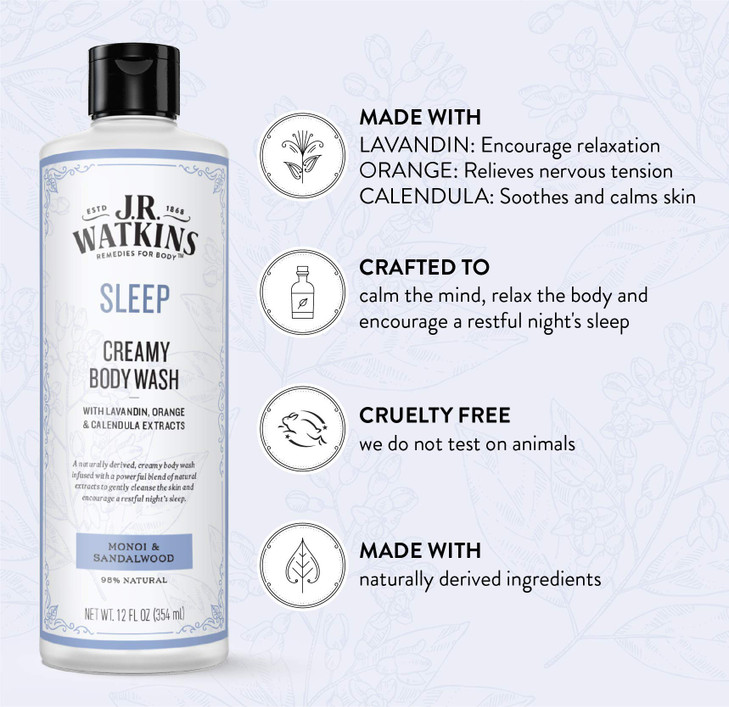 JR Watkins Sleep Creamy Moisturizing Body Wash Cleanses Encourages Restful Sleep Natural Monoi Sandalwood 12 oz