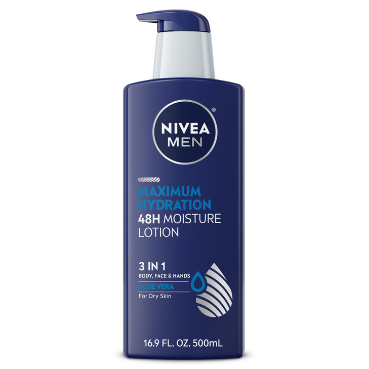 NIVEA MEN Maximum Hydration 48-Hour Moisture Body Lotion for Dry Skin, Aloe Vera Lotion for Men, 3-in-1 Body, Face and Hands, Dermatologically-Tested