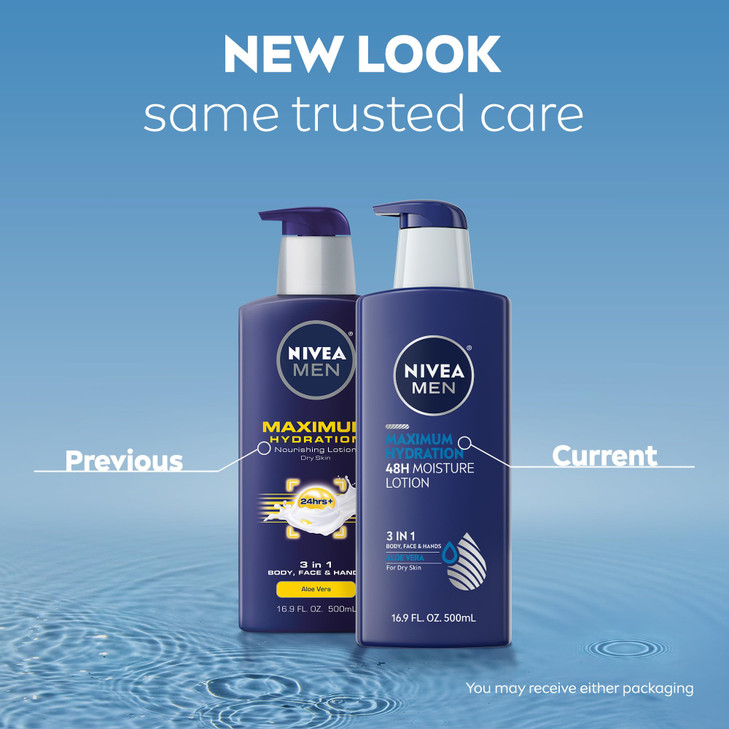 NIVEA MEN Maximum Hydration 48-Hour Moisture Body Lotion for Dry Skin, Aloe Vera Lotion for Men, 3-in-1 Body, Face and Hands, Dermatologically-Tested