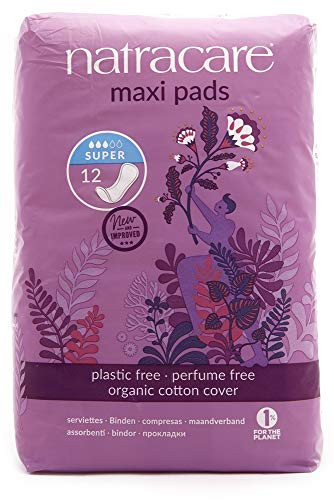 Natracare Natural Traditional Style Maxi Pads, Super, Individually Wrapped, Without Wings in Plant-Based Bag (1 Pack, 12 Pads Total)