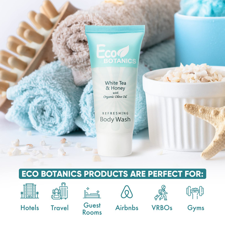 Eco Botanics Travel Size Hotel Body Wash 20 Count 085 oz Bottles Guest Amenities for Vacation Rentals and Short Term Ren