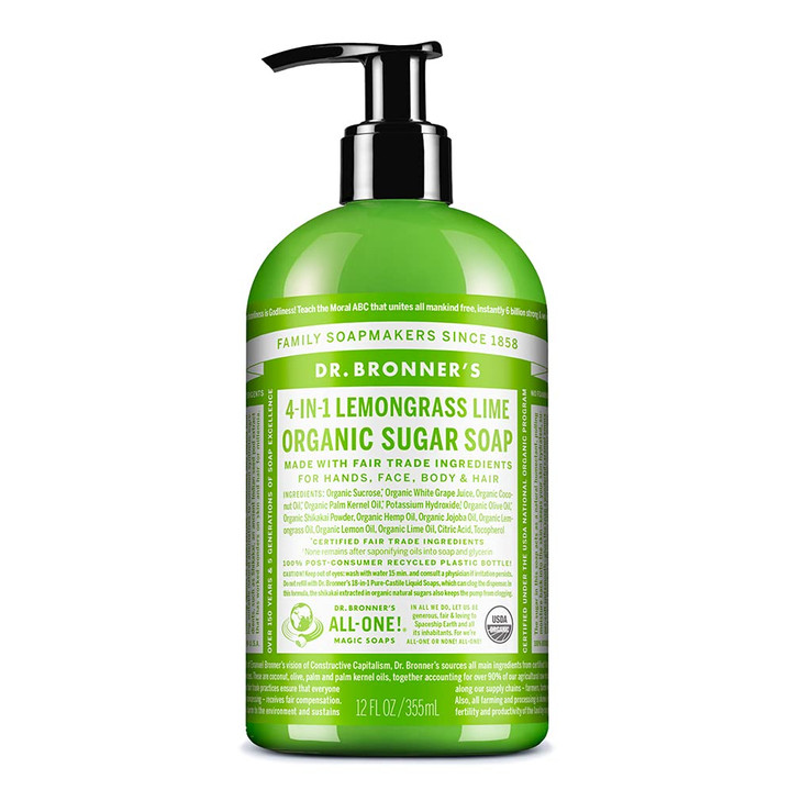 Dr Bronners Organic Sugar Soap Lemongrass 12 Ounce Made with Organic Oils Sugar and Shikakai Powder 4in1 Use Hands Body