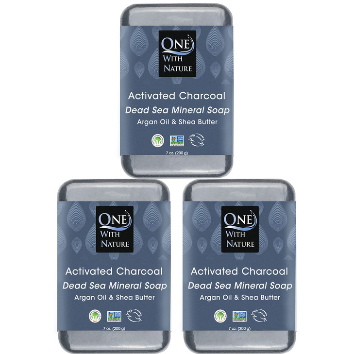 One With Nature Activated Charcoal Soap 7oz 3Pack Detoxifying and Exfoliating Charcoal Soap Bar with Dead Sea Salt for F