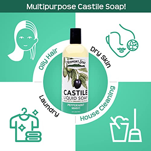 Vermont Castile Soap Peppermint Gentle Liquid Soap for Sensitive Skin Natural Body Wash Organic Hair Shampoo for Oily Ha