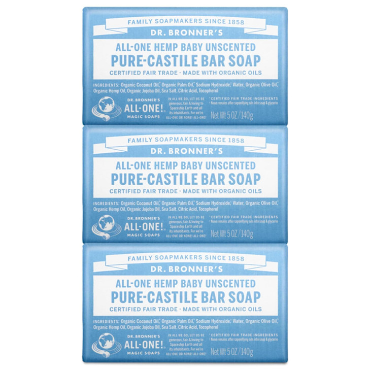 Dr Bronners PureCastile Bar Soap Baby Unscented 5 ounce 3pack Made with Organic Oils For Face Body Hair Gentle for Sensi