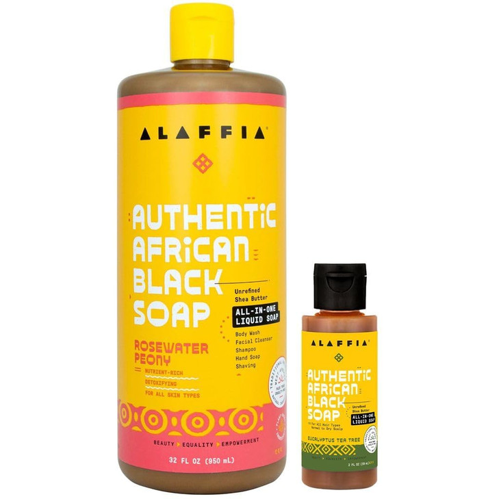 Alaffia Authentic African Black Soap Variety 2Pack AllInOne Liquid Soap TravelSize Eucalyptus Tea Tree FullSize Rosewate