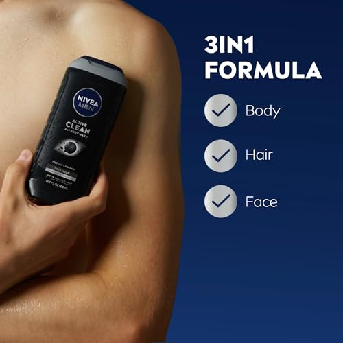 NIVEA Men Active Clean Body Wash with Natural Charcoal for Normal to Oily Skin 3in1 Charcoal Body Wash Face and Hair Dra