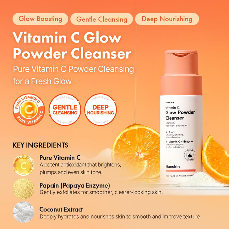 Hanskin Vitamin C Glow Powder Cleanser Korean Brightening Exfoliating Face Wash Papaya Enzyme Vitamin C for Radiant Smoo
