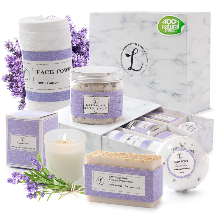 Spa Gift Set Natural Coconut Vanilla Gift Box Includes Bath Bomb Bath Salt Hand Soap Scented Candle Face Cloth and Gift