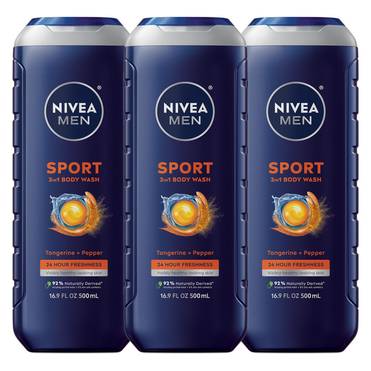 NIVEA MEN Sport Body Wash with Revitalizing Minerals Tangerine and Pepper Scent 3in1 Mens Body Wash Face and Hair Parabe